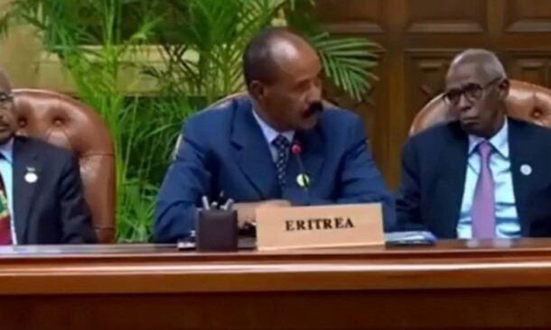 Eritrean President Isaias Afwerki speaks during the quartet meeting on Sudan in Egypt, October 4, 2026.