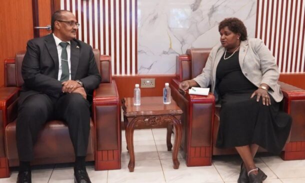 Foreign Affairs Undersecretary Amb. Agnes Adlino Orifa Oswaha meets with Sudan's Ambassador Isam Mohamed Hassan Karar in Juba on Oct. 19, 2026.
