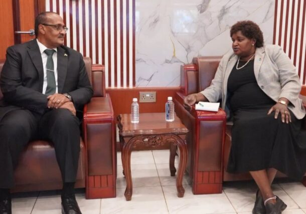 Foreign Affairs Undersecretary Amb. Agnes Adlino Orifa Oswaha meets with Sudan's Ambassador Isam Mohamed Hassan Karar in Juba on Oct. 19, 2026.