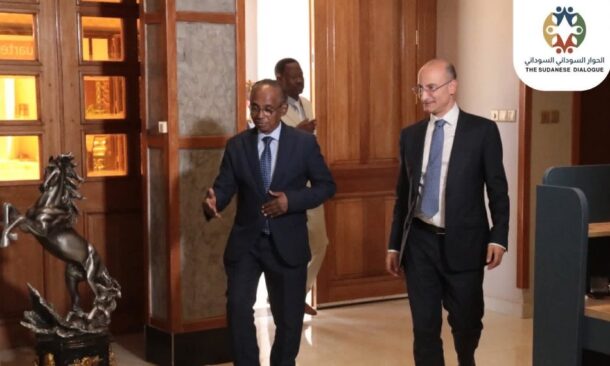 Osman Mirghani, spokesman for the dialogue preparatory committee, receives French special envoy Jean-Marie Safa in Khartoum, Sudan, October 18, 2026.