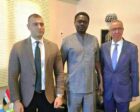 Minni Minawi, Darfur governor poses with Yasir Ali Saroor (R) Egypt ambassador to Khartoum and another diplomat on October 14, 2026
