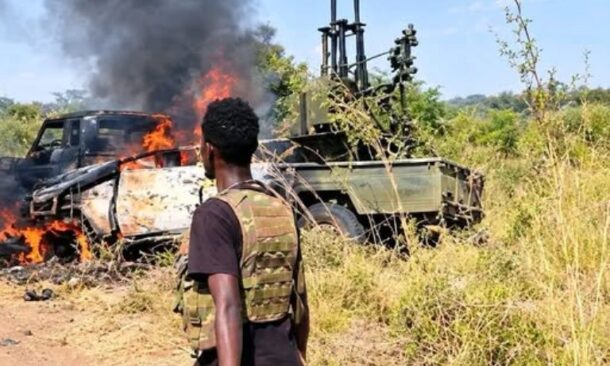 RSF vehicles burn as Sudanese army forces repel an attack in the Sally area of the Blue Nile region, October 20, 2026