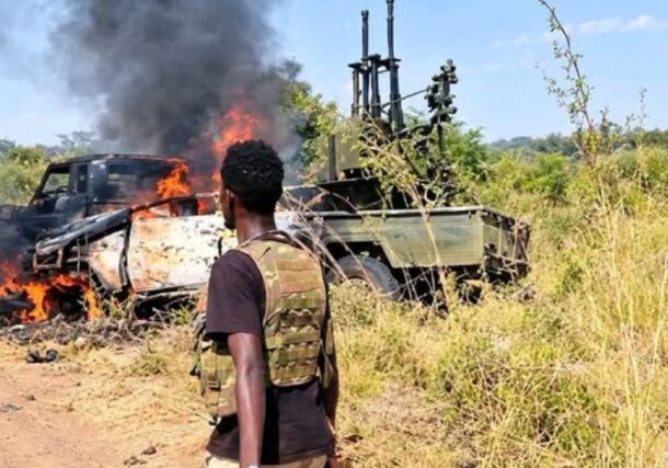 RSF vehicles burn as Sudanese army forces repel an attack in the Sally area of the Blue Nile region, October 20, 2026