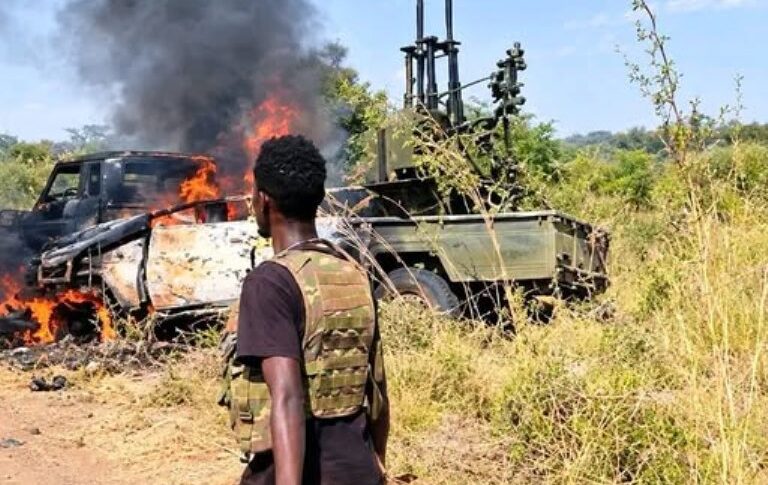 RSF vehicles burn as Sudanese army forces repel an attack in the Sally area of the Blue Nile region, October 20, 2026