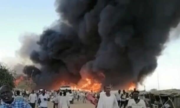 Smoke rises over Amiet Market in Abyei following a drone attack on Oct. 19, 2026