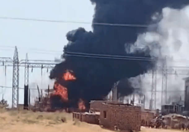 Tendelti power transformer station in western White Nile state, burning after an RSF drone attack on Oct 20, 2026