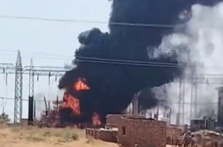 Tendelti power transformer station in western White Nile state, burning after an RSF drone attack on Oct 20, 2026
