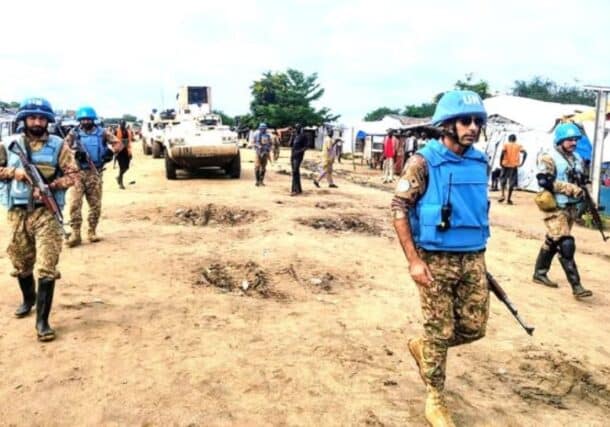 UNISFA peacekeepers patrol the Amiet market following an intercommunal fight, in Abyei, September 20, 2026.